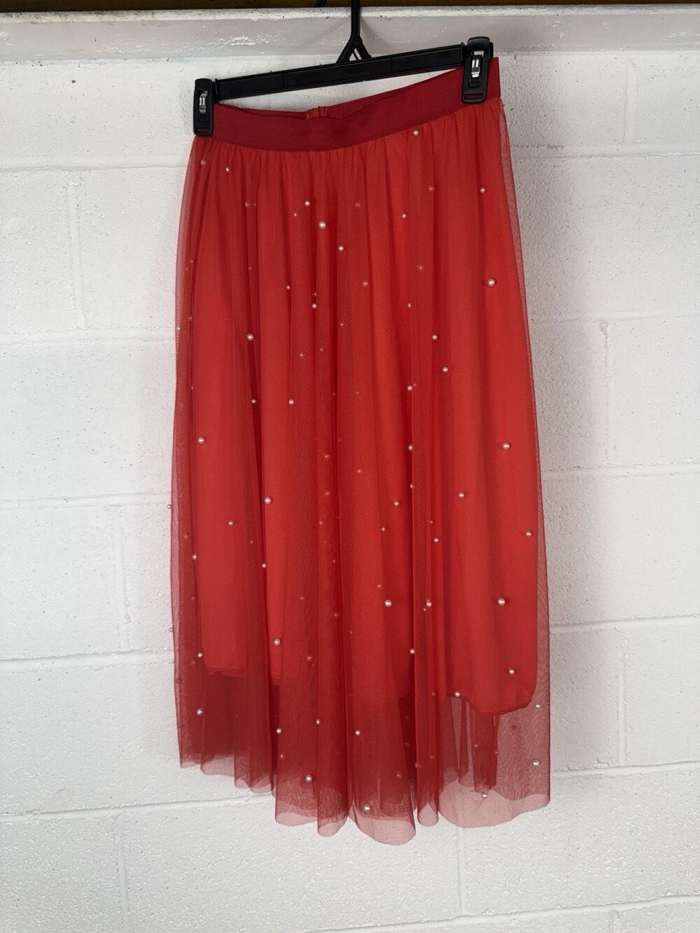 Fervente Midi Tulle Skirt Size 8 Red Sequin Beaded Faux Pearls Layered Eu 40 A12